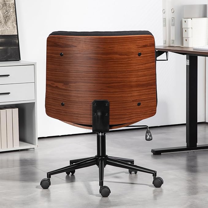 Office Chair, Criss Cross Legged Office Desk Chairs with Wheels, PU Leather Adjustable Wide Swivel Walnut Task Chair with Linen Fabric, Ergonomic Mid Back Computer Chair for Meeting Room, Home