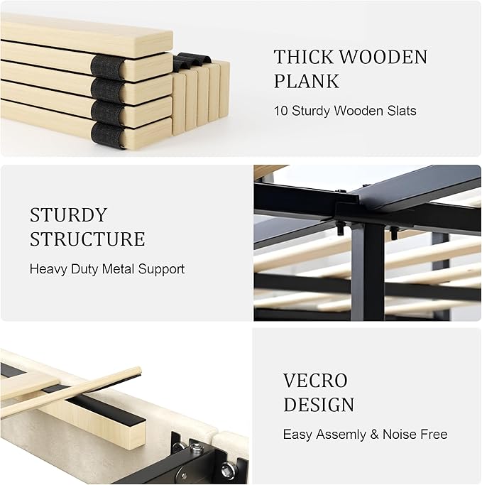 Full Size Platform Bed Frame with Upholstered Headboard, Wooden Slats Support, Noise Free, No Box Spring Needed, Easy Assembly, Beige, Velvet