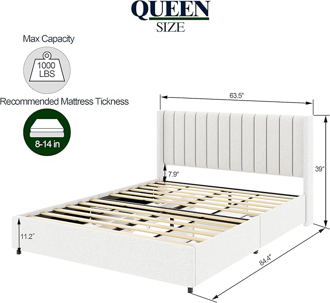 GDFStudio Upholstered Bed with Storage,Queen Size Platform Bed Frame with 4 Drawers Tufted Headboard, Wooden Slat Mattress Support No Box Spring Needed Easy Assembly, Ivory Boucle