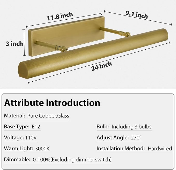 Brass Picture Lights for Wall, 24inch Hardwired Gold Picture Lights, Art Lights for Wall, Rotatable Picture Frames Lights,Wall Lights for Pictures Painting Display Artwork Portrait
