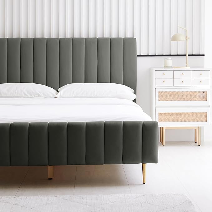Livinia King Size Elton Velvet Platform Bed, Upholstered Bed Frame with Vertical Channel Tufted Headboard Footboard, Strong Wood Slats, No Box Spring Needed, Gray (King)