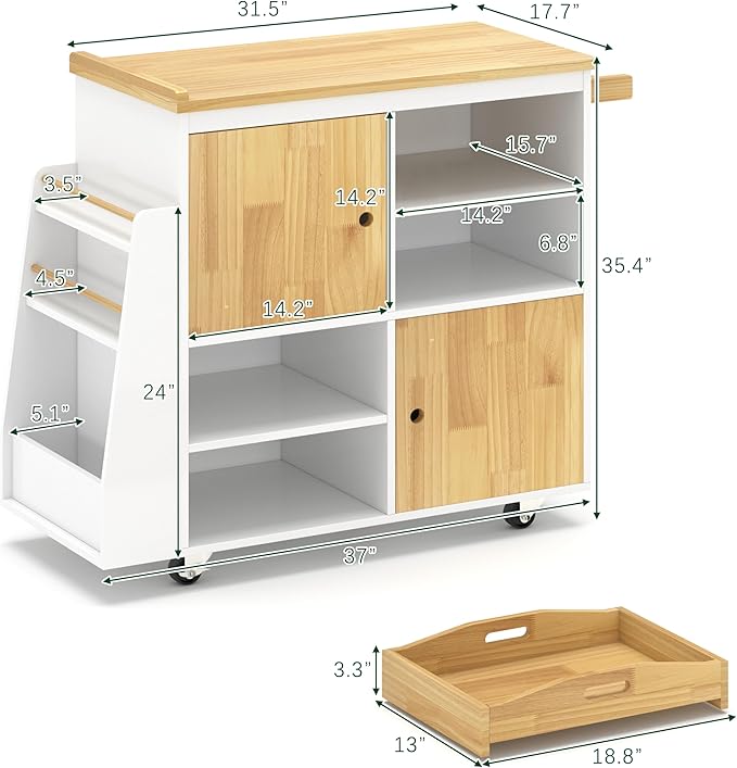 NSdirect Kitchen Island with Storage,Rolling Kitchen Island on Wheels Portable cart Rolling with Spice Racks Towel Holder Utility Trolley with Wood Tray for Home Hotel Kitchen Dinning Room,White