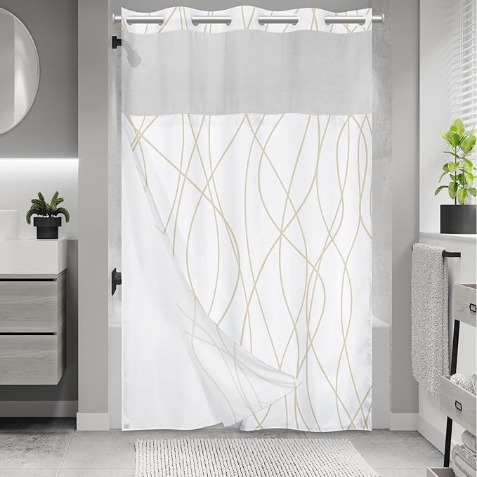 No Hook Beige Khaki Striped Stall Shower Curtain with Snap in Fabric Liner Set - Hotel Shower Curtain and Liner Set with See Through Mesh Top Window,Machine Washable, 54x80 INCH