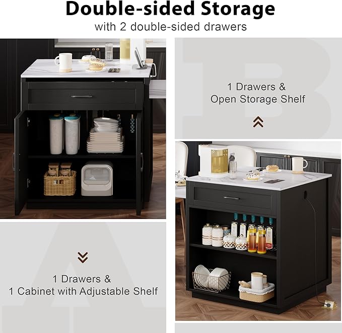 RUNNA Kitchen Island with Extendable Dining Table for 4-6 Person,Two-Tone Kitchen Table,Power Outlet Storage 2 Drawers 2 Side Open Shelves(Black~010)