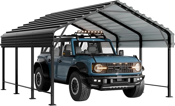 Walsunny Metal Carport 12x15 FT Heavy Duty Carport Canopy with Enhanced Base, Outdoor Car Shelter with Galvanized Steel Roof and Frame Garage for Truck, SUV, Boat, Gray