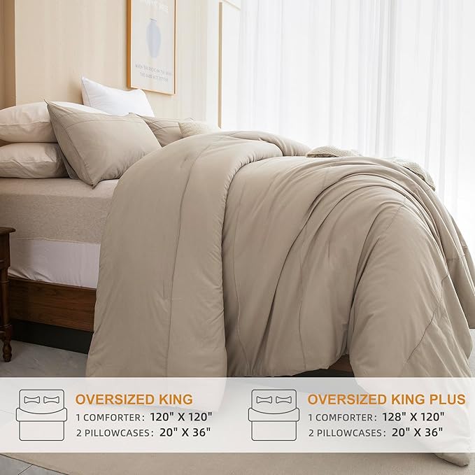 Sanracie Oversized King Comforter Set 120 * 120, Cotton Linen Feel Textured Comforter Set Pinch Pleat Neutral Oversized King Bedding Set 3pcs Aesthetic Solid Comforter Soft Lightweight