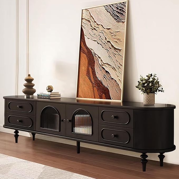 TV Stand for TVs up to 80 Inch, Modern Entertainment Center with Storage Cabinet and 4 Drawers, TV Media Console Table, Black TV Stand for Living Room Bedroom