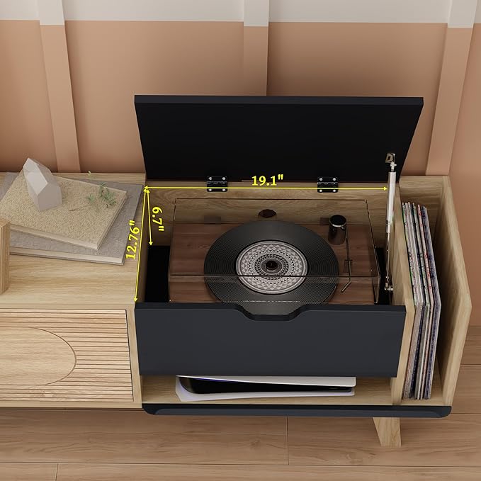 Modern TV Stand for TVs up to 70 Inch, Wood Entertainment Center with CD Storage Cabinet, TV Console Table with 2 Doors and Power Outlets, for Living Room (Natural & Black, 63inch)