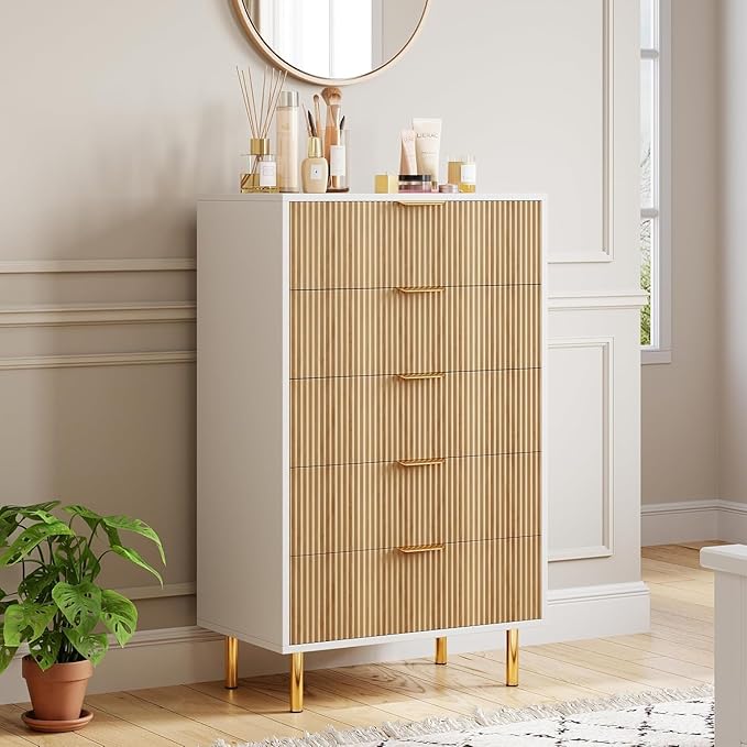 GarveeHome Natural 5 Drawer Dresser for Bedroom, 48” Tall Dresser Chest of Drawers, Modern Wood Storage Organizer with Gold Metal Handles & Anti-Tipping Device for Hallway, Entryway