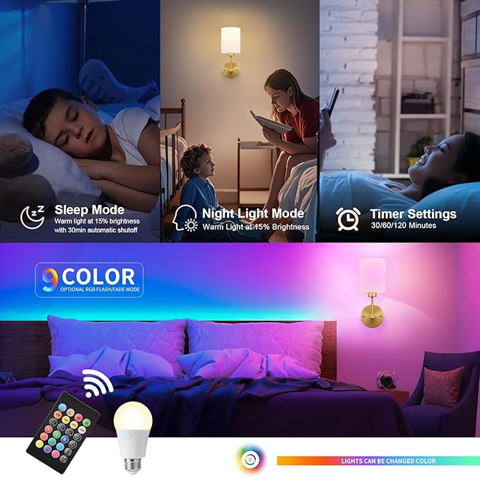 Battery Operated Wall Sconce Set of Two,Wireless Rechargeable Wall Light With Remote Control, Dimmable, 1800K/3000K/4000K/6000K/RGB, Timer, for Living Room, Bedroom, Fireplace, TV, 13.5 Inch, Gold