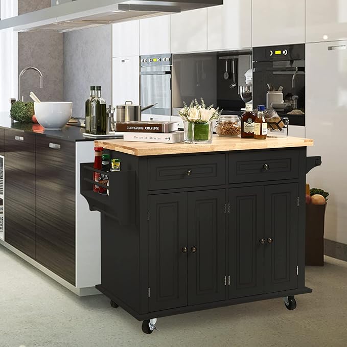 NSdirect Kitchen Island Cart,Kitchen Bar&Serving Cart Rolling on Wheels with Spice Rack Towel Holder Utility Storage Trolley with Storage Drawers for Home Hotel Kitchen Dinning Room(Black)