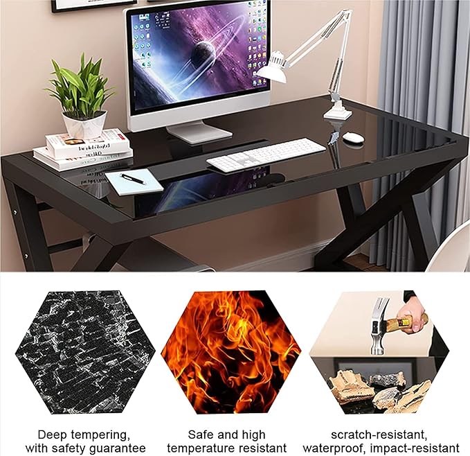 SAMERY Computer Desk Home Office Desks, 55.1 Inch Modern Simple Office Black Glass Desk Computer Table Study Gaming Writing Desk, Fashion Strength Tempered Glass Office Laptop Desk
