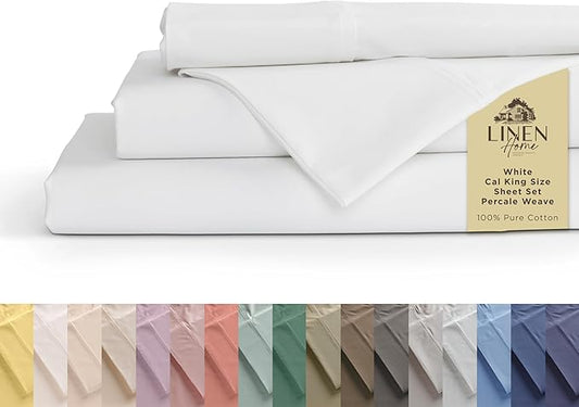 Linen Home 100% Cotton Percale Sheets California King Size, White, Deep Pocket, 4 Pieces Set - 1 Flat, 1 Deep Pocket Fitted Sheet and 2 Pillowcases, Crisp Cool and Strong Bed Linen