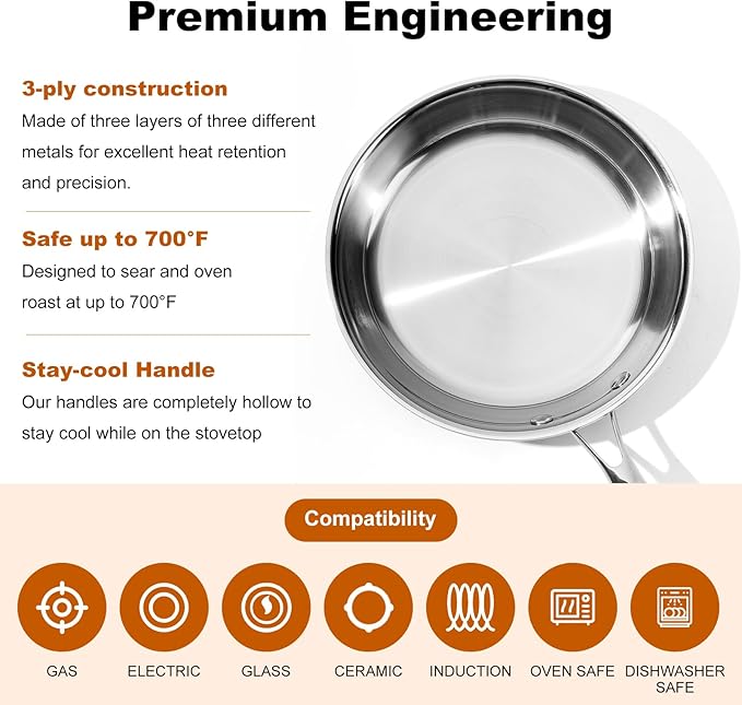 Stainless Steel Pan，Non-Toxic PFAS, PFOA & PTFE Free, Compatible With All Cooktops & Induction Safe, Oven Safe Pan for Searing & Sautéing, Long Lasting Cookware.8.10.12 In (8-Inch)