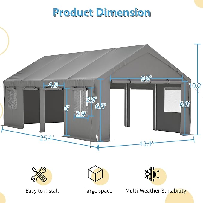 Carport 25x13ft Heavy Duty Canopy Storage Shed,Extra Large Portable Outdoor Garage with 4 Roll-up Doors & 4 Windows and All-Season Tarp Cover UV Resistant Waterproof for Car,Truck,Boat