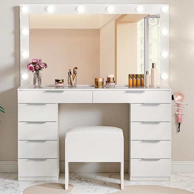 DWVO 46'' Glass Top Makeup Vanity with 10 Drawers, Vanity Desk Set with Large LED Mirror, Built-in Charging Station & Cushioned Storage Chair, Dressing Table with 3-Color Light Modes, Cream White