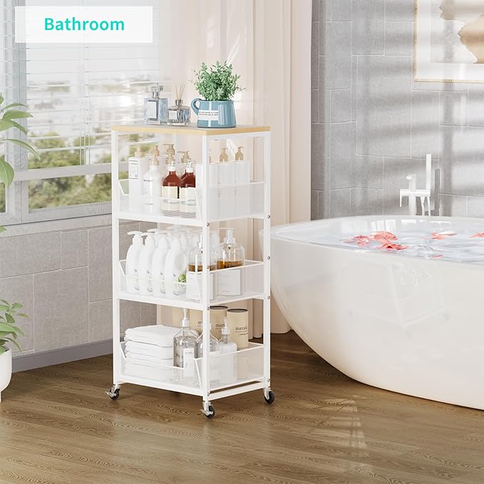 HapiRm Fruit Basket Kitchen Cart - 4-Tier Rolling Storage Cart with Wheels, Wood Top Utility Pantry Cart for Vegetables, Potatoes, Onions, Bread, Snacks