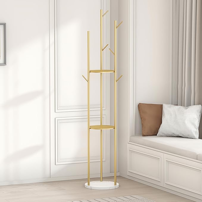 Gold Coat Rack Stand, Metal Coat Racks Tree Hanger Freestanding with 3 Storage Shelves and 9 High-grade Hooks and Stable Marble Base, for Jackets、Hat、Umbrella