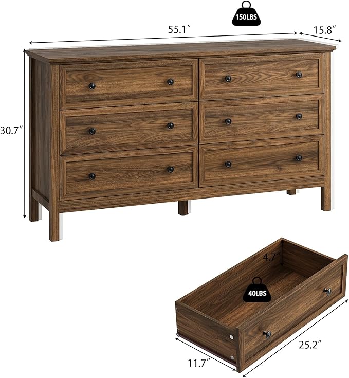 CARPETNAL 55" Walnut Dresser for Bedroom, 6 Drawer Dresser with Wide Drawer and Metal Handles, Wood Dressers & Chests of Drawers for Hallway, Entryway.