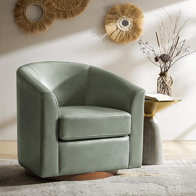 HULALA HOME Genuine Leather Swivel Accent Chair with Solid Wood Base, Round Swivel Barrel Chair for Living Room and Bedroom, Sage