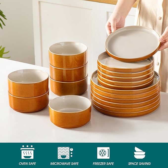 vancasso ONION Ceramic Plates and Bowls Sets, 18 Pieces Grey Dinnerware Sets for Kitchen, Reactive Glaze Dishes Set for 6, Dishwasher and Microwave Safe