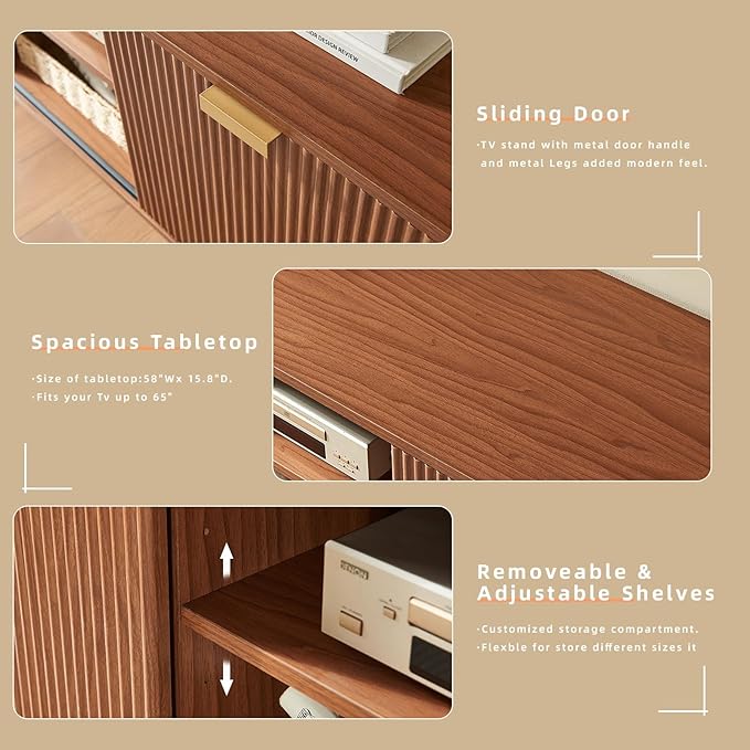 Okvnbjk Modern TV Stand, Fluted TV Consoles for Living Room 65+ Inch TV, Entertainment Stand with Storage & Sliding Doors, Media Console with Adjustable Shelf, Mocha
