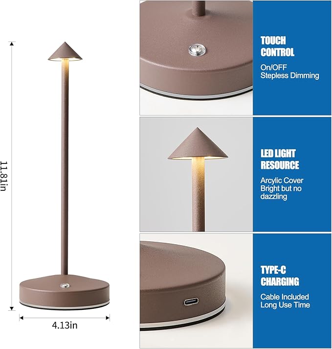 Rechargeable Table Lamp Cordless,3000 Mah Battery Powered Lamp 2 Level Dimmable Table Lamps Mini Table Lamp in Aluminium 3000k Touch Lamp Cordless Table Lamps for Indoor & Outdoor (Rust)