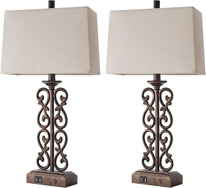 25" Set of 2 Farmhouse Resin Touch Table Lamps for Living Room, 3 Way Dimmable with Dual USB Ports Vintage Rustic Bedside Desk Lamp, for Bedroom End Table, 2 LED Bulbs Included