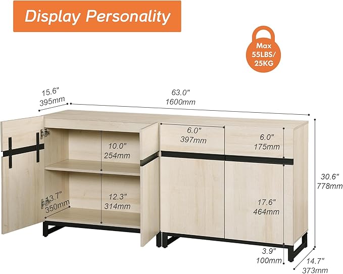 WAMPAT Modern TV Stand for 75-110 Inch TVs, Wooden Entertainment Center TV Console with Metal Base and Adjustable Shelves for Living Room, Bedroom, 63 Inch, Light Oak