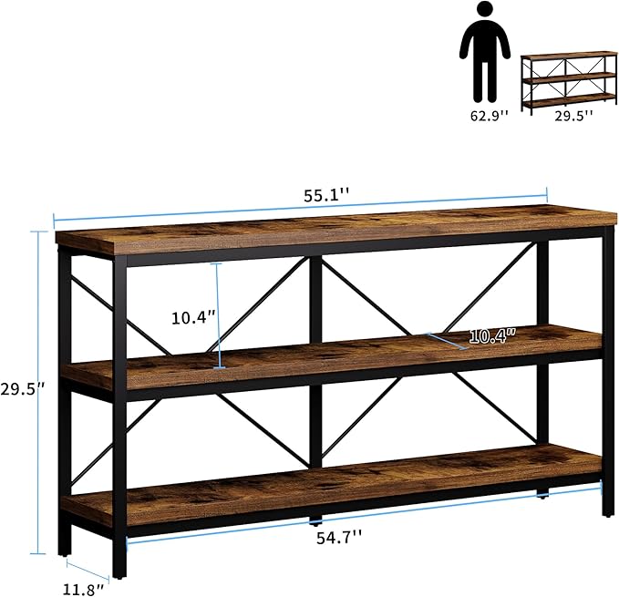 3-Tier Console Table, 55.1" Entryway Table with Metal Frame and Open Shelves, Modern Behind Couch Sofa Table for Living Room, Hallway, Foyer, Entrance, Industrial, Bookshelf, Rustic Brown