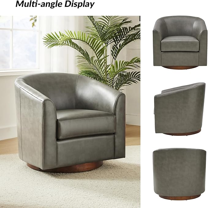 HULALA HOME Faux Leather Swivel Accent Chair with Solid Wood Base, Round Swivel Barrel Chair for Living Room and Bedroom, Grey