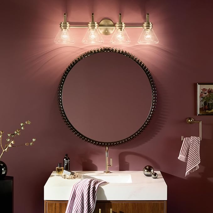Kichler Farum 34" 4-Light Vanity Light with Clear Glass in Champagne Bronze, for Single or Double Vanity, Oveer a Mirror, Powder Room, Bathroom, (34" W x 9.5" H), 55156CPZCLR