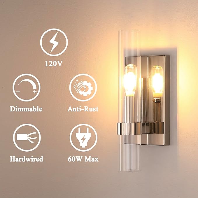 Untrammelife Polished Nickel Wall Sconce, Modern Vanity Light Fixtures, Dimmable Sconces Wall Lighting with Clear Glass Shade, Wall Lights for Bedroom Living Room Mirror, E12 Base(LED Bulb Included)