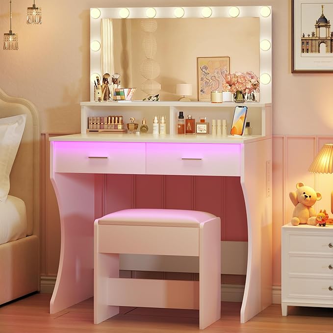 Small Vanity Desk with Mirror and Lights, White Makeup Vanity with Chair, RGB Vanity Table Set with 2 Drawers & Power Outlets & LED Strip, 3 Color Modes & Adjustable Brightness for Women Girls Bedroom