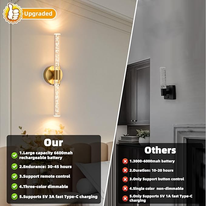 Battery Operated Wall Sconces Set of Two, Gold 20'' Rechargeable Crystal Bubble Wall Sconce with Remote Control, 3000K-6000K Dimmable LED Wireless Wall Lights for Living Room Bedroom Bathroom Hallway