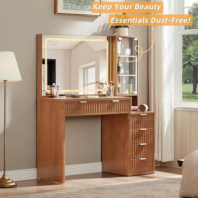 LEYAOYAO Vanity Desk with Mirror and Lights, 43.5'' Fluted Makeup Vanity with 6 Drawers and Adjustable Shelves, Wood TC Make Up Vanity Dressing Table with Glass Top and Power Outlet for Bedroom