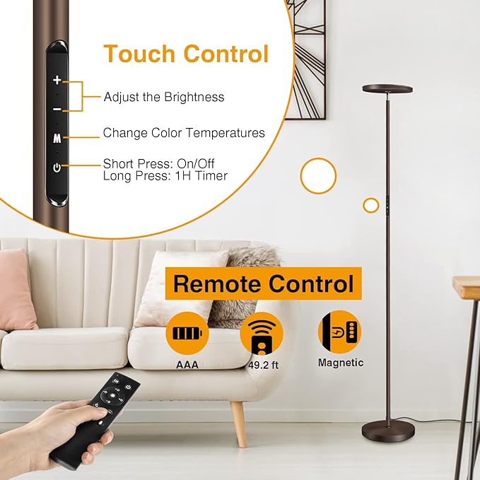 OUTON Floor Lamp, 30W/3000LM LED Modern Torchiere Sky Lamp, Dimmable Bright Standing Tall Lamp with 4 Color Temperatures, 1 Hour Timer, Remote Touch Control for Living Room Bedroom, Office, Bronze