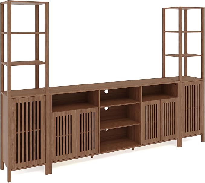 Entertainment Center with Bookshelves, Farmhouse TV Stand for 70 Inch TVs, TV Stands for Living Room w/Adjustable Shelves & Storage Cabinet, Modern Console Cabinet for Bedroom Home Theater