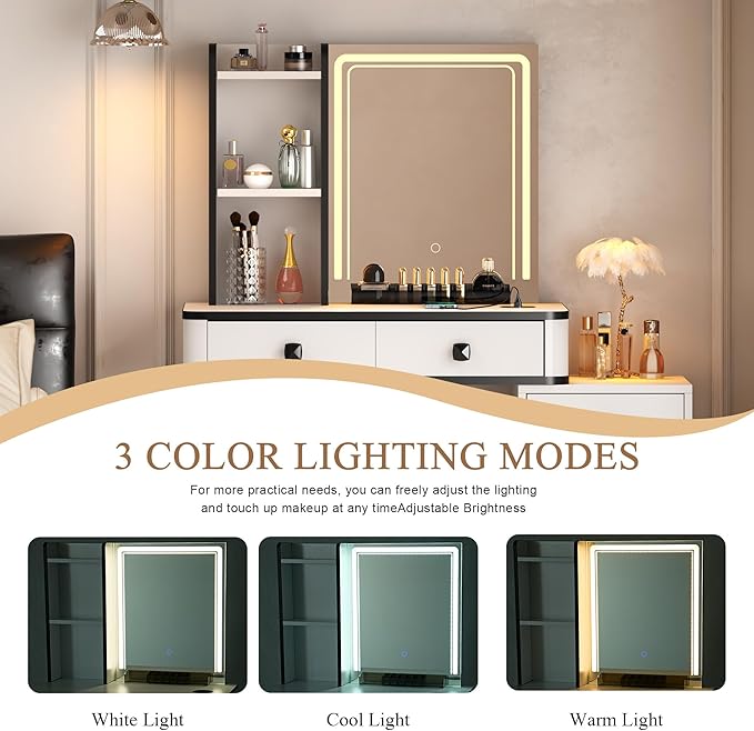 soges Vanity Desk Set, Combined Makeup Vanity LED Mirror and Lights, Cushioned Stool, Dressing Table with Storage Cabinet, Storage Drawers & Shelves, Wireless Power Outlests, White