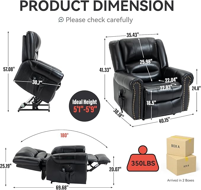 Dual Motor Power Lift Chair, Lay Flat Recliner Chair, Electric Recliner with Massage and Heat for Elderly, Remote Control, Infinite Position, Standing Assistance, USB Ports, Genuine Leather, Black