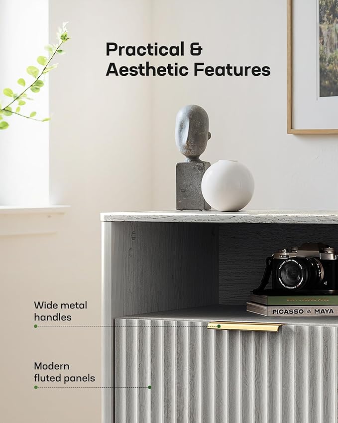 Marsail 59″ Wide TV Stand for TVs Up to 65″, Modern Entertainment Center with Fluted Panels, 3 Easy-Sliding Drawers, Open Shelves & Cable Hole, Sturdy 3-Tier TV Stands for Living Room & Bedroom, Grey