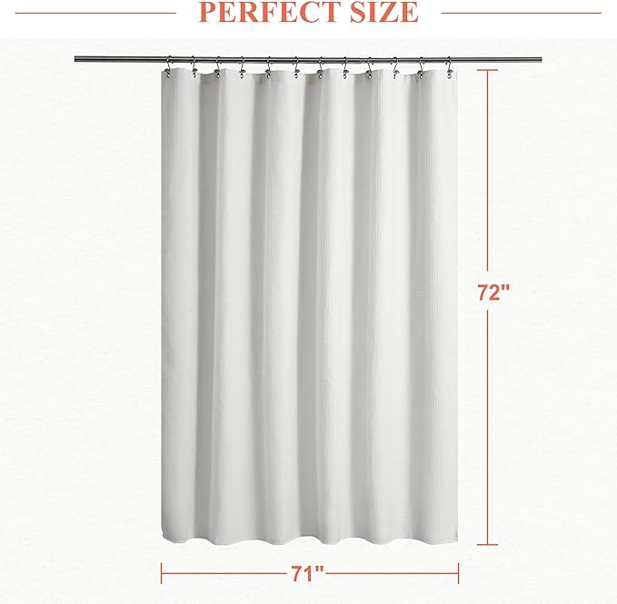 Barossa Design Waffle Weave White Shower Curtain Hotel Luxury Quality, Fabric Shower Curtains for Bathroom, Pique Pattern Cloth, Water Repellent and Machine Washable, Standard Size 71" x 72"