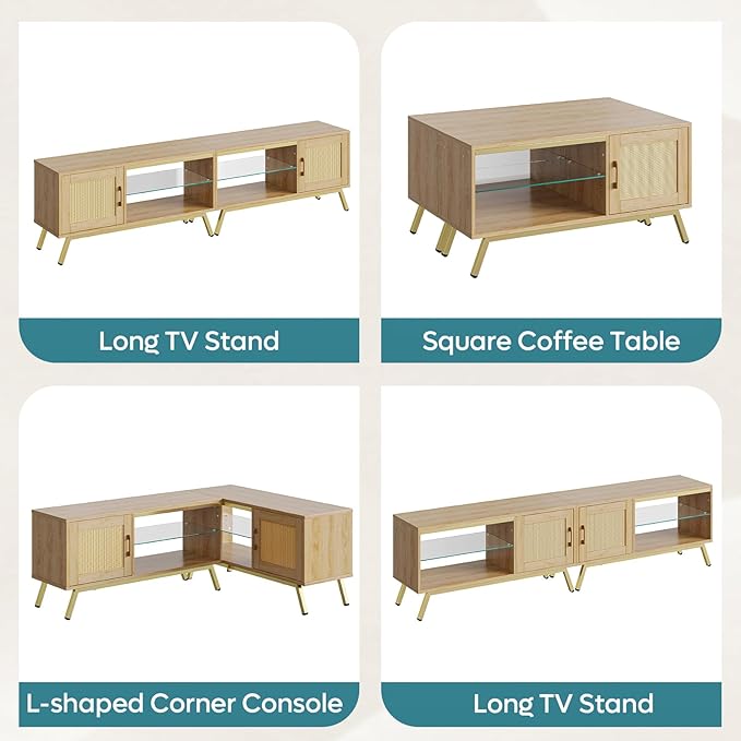 Bestier 80 Inch Natural Rattan TV Stand with Storage for 85 Inch TV, 4-in-1 Mid Century Modern Entertainment Center with LED Lights, Doors and Adjustable Glass Shelves for Living Room, Natural