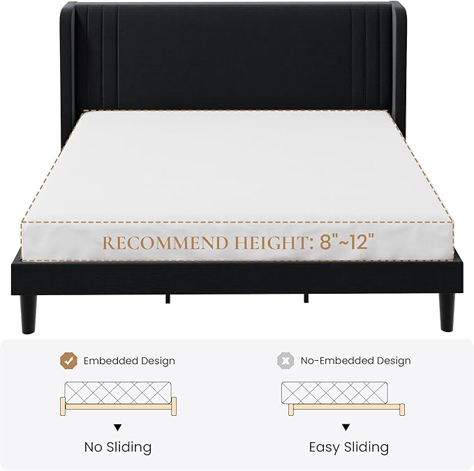 SHA CERLIN King Size Velvet Upholstered Platform Bed Frame with Vertical Channel Tufted Wingback Headboard, Wooden Slats Support, Easy Assembly, Under Bed Storage, No Box Spring Required, Black