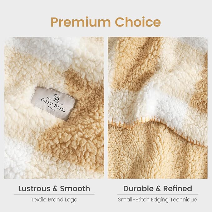 Cozy Bliss Ultra Soft Reversible Double Sherpa Sided Blanket, Buffalo Plaid Throw Blanket Fluffy Thick Warm Plush Fuzzy Blanket for Couch, Bed and Gifts (Beige, 60" x 80")