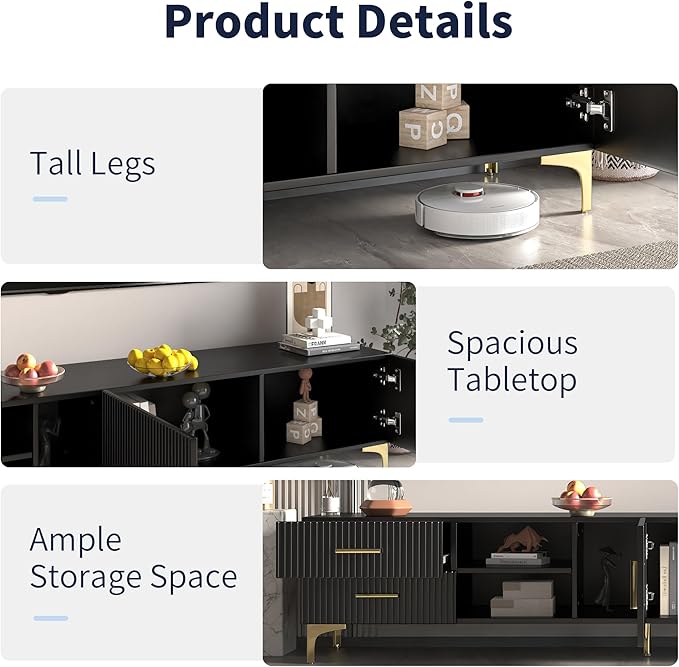 70" Fluted TV Stand for TVs Up to 80", Modern Entertainment Center with Storage, Media Console for Living Room Bedroom, TV Console（Black）