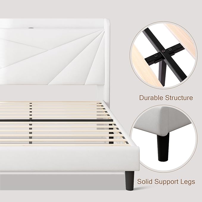 King Size Upholstered Bed Frame with Charging Station, Platform Bed Frame with Storage Headboard, Solid Wood Slats Support, No Box Spring Needed, White
