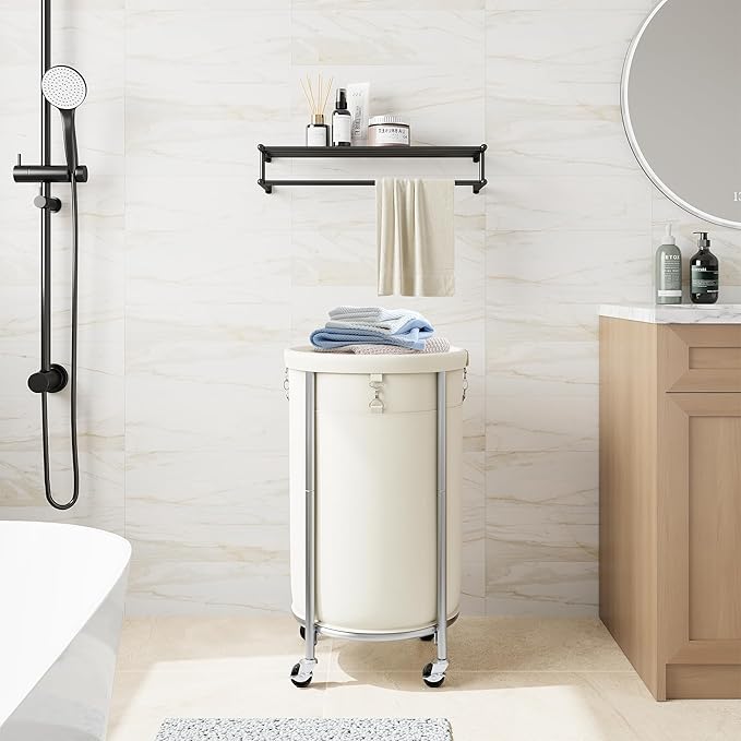 ELYKEN Laundry Hamper with Wheels, 110L Rolling Laundry Basket, Round Laundry Cart with Steel Frame and Removable Bag, 4 Casters and 2 Brakes, Dirty Clothes Hamper for Hotel, Home, Closet, Dorm, Cream