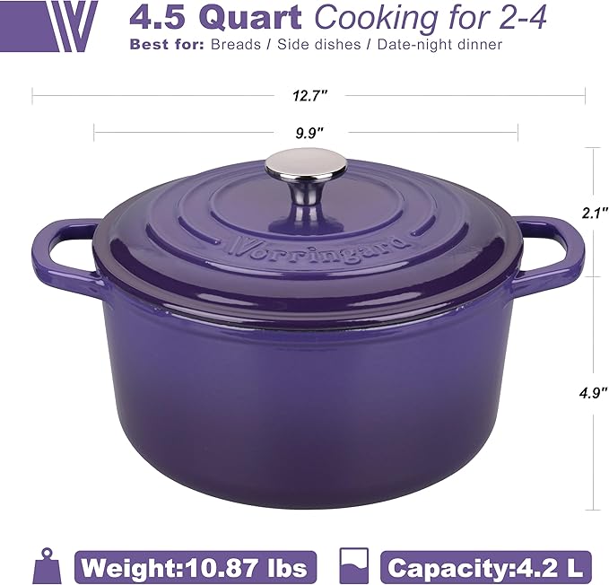 Enameled Cast Iron Dutch Oven Pot with Lid, for Sourdough Bread Baking, Round Dutch Ovens, 4.5 Quart, Purple