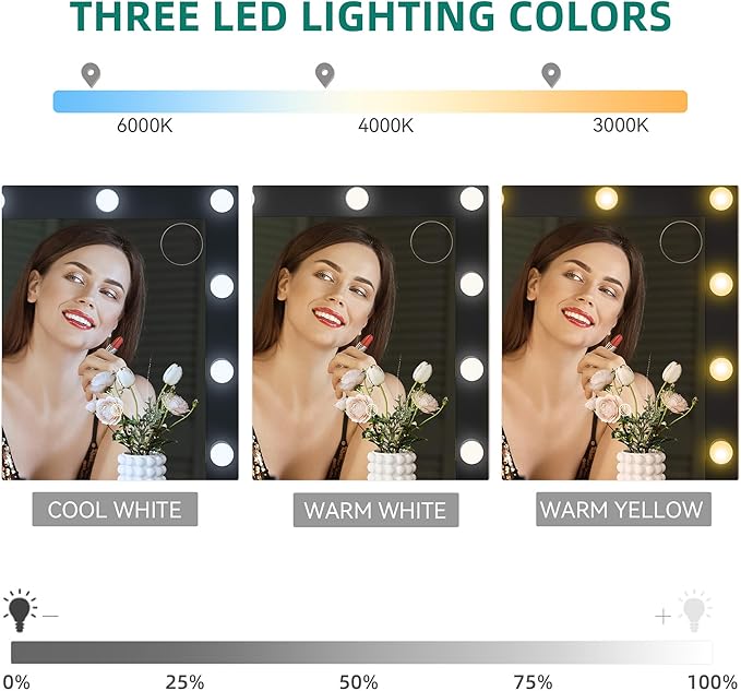 YITAHOME 46" Glass Top Vanity Desk with Mirror with Lights, Large Makeup Vanity Set with 10 Drawers & Storage Stool, Power Outlet, Dressing Table with 3 Adjustable Light Modes, Dressing Room, Black